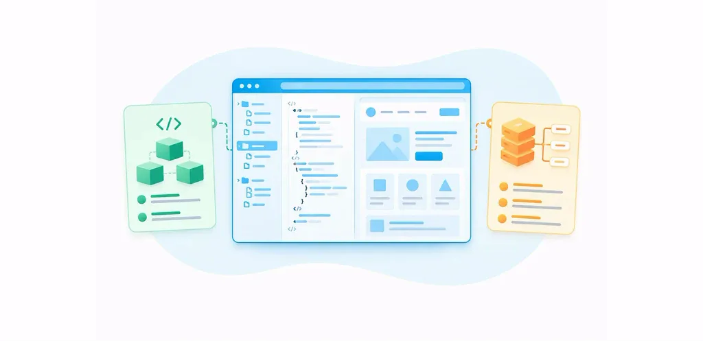 Web development frameworks illustrated with a code workspace and component comparison cards